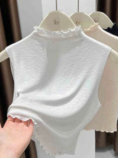 1pc Women's Slim Fit Sleeveless Knit Top With Double Ruffle Hem & Detachable Collar For Dress For Christmas Decor
