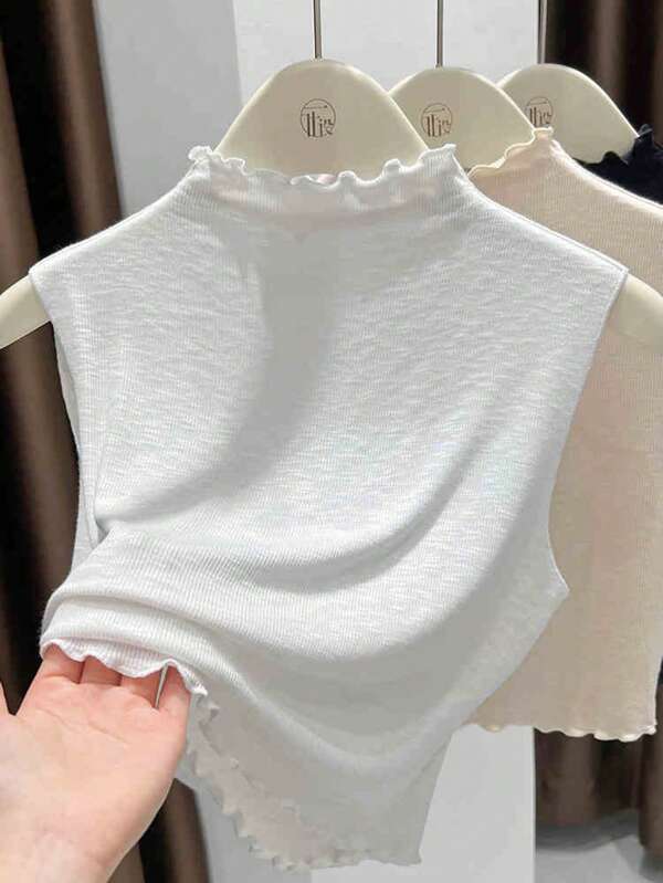 1 pieza Camiseta de punto sin mangas de mujer con dobladillo de volante de doble capa, disponible en negro, blanco, beige, rosa