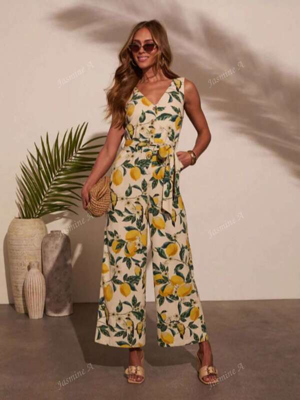 Women's Vintage Casual Lemon Print Sleeveless V-Neck High Waist Front Button Jumpsuit, Convenient And Comfortable For Spring/Summer Vacation And Afternoon Tea