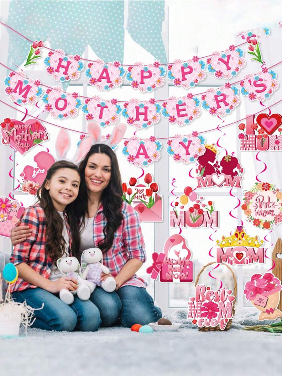 1 Stück Muttertags Dekorations-Set beinhaltet Banner, spiralförmiger Hängeschmuck, Hängende Karte, geeignet für Hochzeit, Muttertag, Geburtstag, Vatertag, Valentinstag, Babyparty, Graduation, Einweihungsparty, Festivalfeier