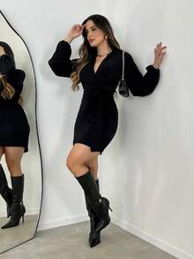 Short Dress With Bow And Elastex Sleeve LINED - Black - View 2