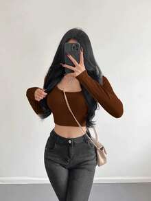 Women's Long Sleeve T-Shirt Ribbed Fabric S M L - Coffee Brown - View 3