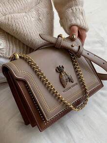 Retro Niche Design Fashion Bee Decoration Shoulder Bag, Square Bag Adjustable Metal Chain Decoration Crossbody Bag, Solid Color PU Simple Ladies Bag, Suitable For Travel, Shopping, And Holiday Gifts For Mothers - 彩色 - 查看 1