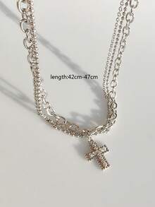 1pc Minimalist Fashion Elegant Edgy Multi-Layer Rhinestone Cross Necklace, Luxury Niche Design, Suitable For Women Everyday And Holiday Wear - Chain Cross - View 4