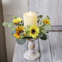 1pc Home Decor Small Wreath, Spring Sunflower & Eucalyptus Candle Holder Wreath, Wedding Party Festival Decoration Mini Ornament, Table Centerpiece Artificial Flowers