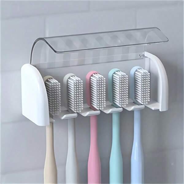 1 pieza Soporte para 5 cepillos de dientes con tapa autoadhesiva y montaje en pared sin taladro - Organizador de accesorios de baño para almacenamiento en la ducha, artículos esenciales para dormitorio, kit universitario - Almacenamiento de baño para viajes, casillero del gimnasio, baño de autocaravana y para mujer, hombre, familia
