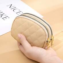 Rhombus Embroidery Coin Purse, Student Key Chain Holder, Large Capacity Dual Zipper Card Wallet - Multicolor - View 7