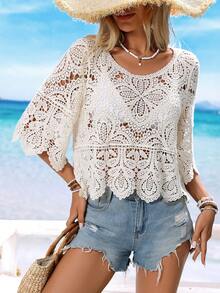 Vacation Style Crochet Lace Sheer Round Neck Short Sleeve Pullover - Apricot - View 5
