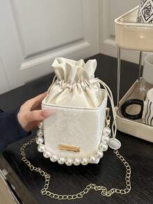 Mini bolsa de cordón con textura de patrón de cocodrilo, bolso de acrílico de moda con asa de perlas - Beis - Ver 4
