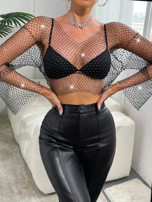 Top sexy para fiesta de mujer con escote en V transparente, hombros caídos y mangas, con detalles de strass para el verano - Cuello en V negro - Ver 3