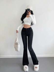 Women's Long Sleeve T-Shirt Ribbed Fabric S M L - White - View 4