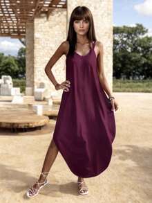 Loose V-Neck Midi Dress With Straps - Red Violet - View 1