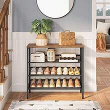 4-Tier Shoe Rack Shoe Storage Organizer With 3 Adjustable Mesh Shees Metal Frame Industrial Shoe Rack For Entryway Bedroom Hallway Rustic Brown And Black EUBF14XJ01 - as pic - View 2