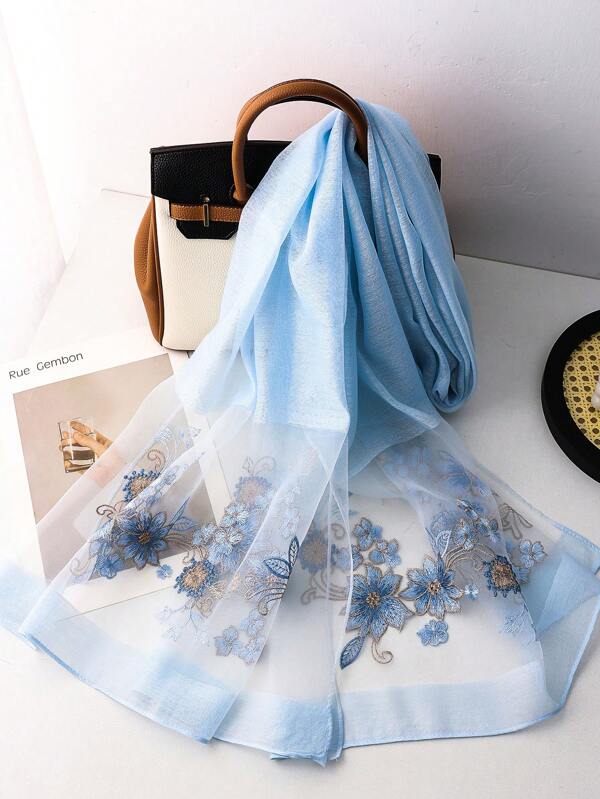 Luxury Floral Silk Scarf - Mulberry Embroidery Shawl For Weddings, Lightweight Evening Wrap For Women