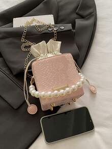 Mini Embossed Crocodile Skin Drawstring Acrylic Box, Fashion Drawstring Closure Pearl Handbag - Pink - View 9