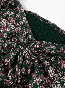 Acelitt Summer Ditsy Floral Shirred Front Patchwork Lantern Sleeve Dress