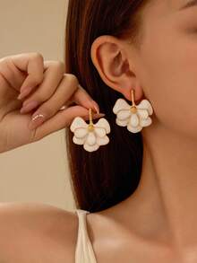 2pcs Enamel Pink Floral Earrings, French Gentle And Elegant - Plated Exaggerated Earrings - Multicolor - View 7