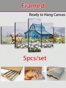 Juego de 1 pieza/5 piezas, Arte de pared en lienzo de estilo rústico y granja, Arte de pared retro contemporáneo clásico con marco, Impresión de paisaje de vaca y granero, Póster de flores silvestres de primavera y invierno, Decoración de pared estética para sala de estar, dormitorio, oficina - Impresión artística enmarcada - color - Ver 15