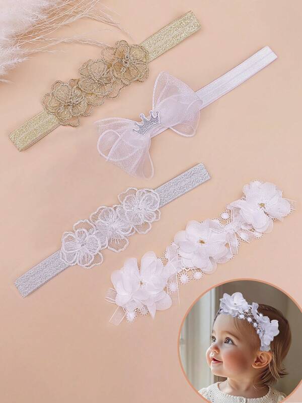 2Pcs Per Pack Elegant Headbands For Baby Girl ,Flower Baptism Toddler Elastic Hairband Bow Newborn Infant Hair Accessories For Baby Shower,Daily,Birthday Party,Wedding Party