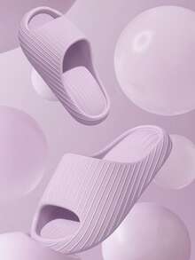 Women's Purple Open Toe Slip-On Sandals, Unique Line Design Overall, Beach Walk & Leisure Slippers, Thick Sole, Non-Slip, - Purple - View 3