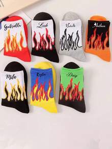 1Pair Flame Socks Men And Women Couples Street Hip Hop Harajuku Skateboard Basketball Sports Socks Personalized Text Customization