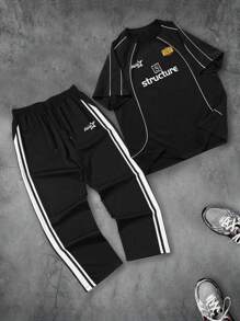 Ensemble décontracté pour hommes composé d'un t-shirt à manches courtes imprimé voiture de course et d'un pantalon de jogging avec cordon de serrage
