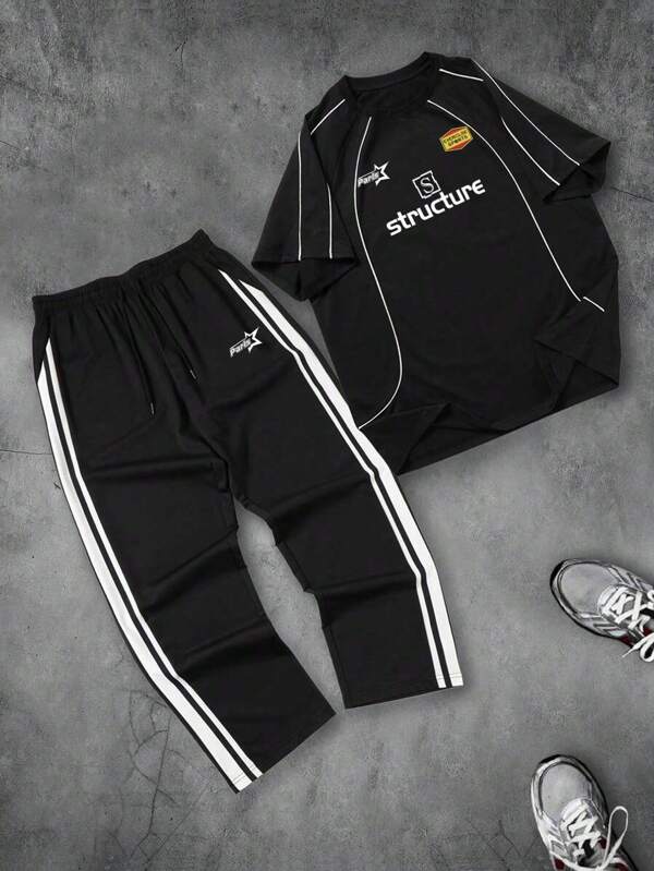 Men's Race Car Print Short Sleeve T-Shirt With Drawstring Sweatpants Casual Suit