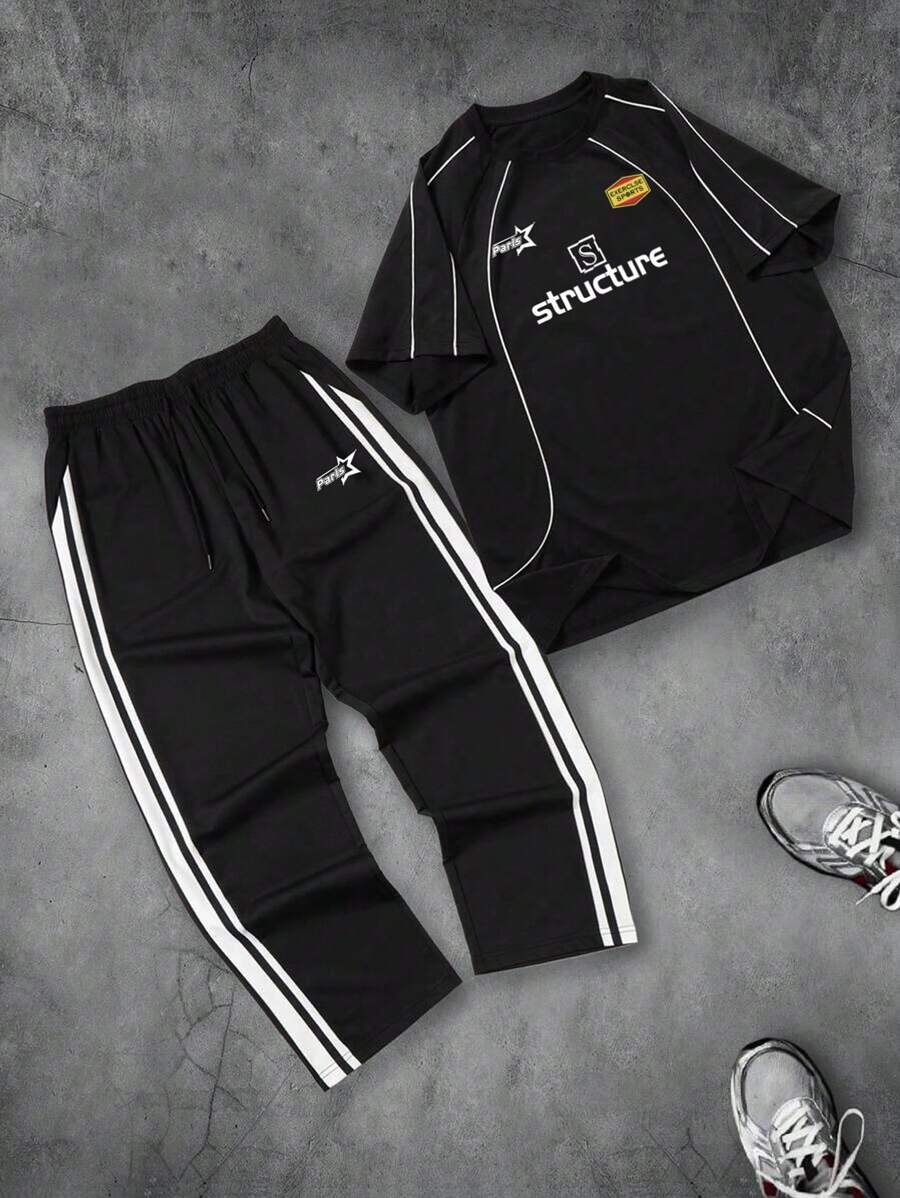 Ensemble décontracté pour hommes composé d'un t-shirt à manches courtes imprimé voiture de course et d'un pantalon de jogging avec cordon de serrage