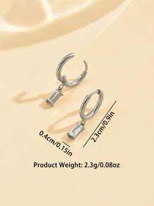 1 Pair Fashionable Cubic Zirconia Embellished Stainless Steel Square Pendant Earrings For Women, Minimalist Everyday Wear
