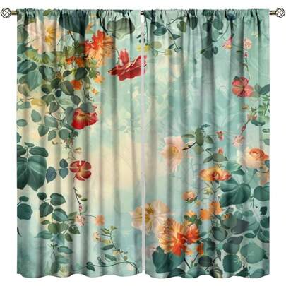 Retro Flowers Curtains, Colorful Large Floral Retro Green Leaves Plant Print For Room Window Decor, Rod Pocket Drapes For Living Room Bedroom Kitchen 2 Panel Set 28"(W) X 40"(H)
