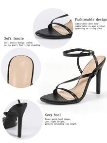 Jin Bei Qi 春夏女士露趾交叉绑带踝带高跟凉鞋,仿皮材质,时尚优雅,适合派对,性感黑色高跟鞋 - 黑色 - 查看 7