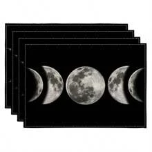 1 pièce Nappe de la série Lune, 4 pièces Sets de table imprimés Lune, convient pour les festivals, les fêtes, les anniversaires, les dîners, les cuisines, les salles à manger, la décoration de la maison toute l'année, drapeaux de table