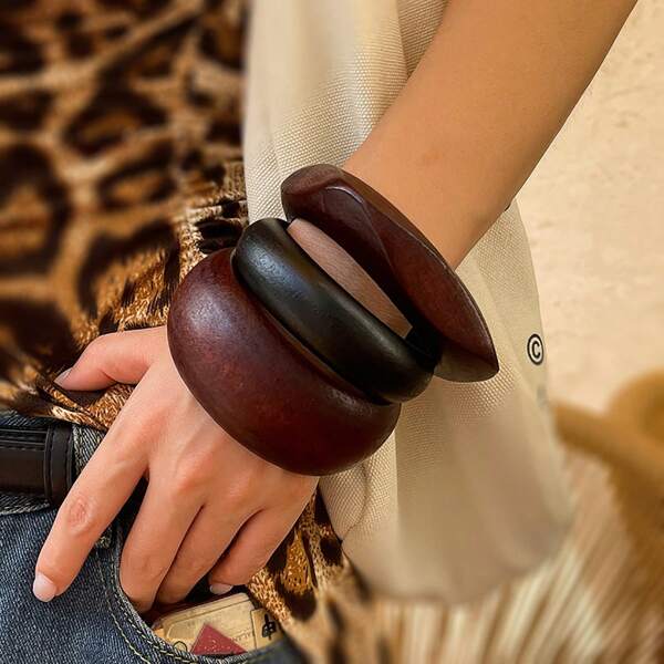 1pc/3pcs Fashion Asymmetrical Geometry Wooden Bracelet For Women Vintage British Style Versatile Minimalist, Can Be Layered For More Beautiful Look