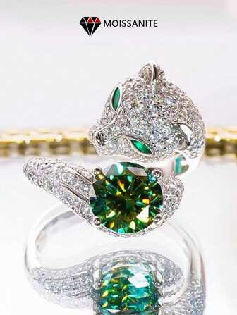 LOVESSOM A S925 Sterling Silver Moissanite 2 Carat Green Diamond Ring Jewelry, Silver Diamond Ring, Leopard Head Diamond Ring Inlaid With Colored Diamonds, Advanced Opening, Adjustable Size, Wear-Resistant And Fashionable, Suitable For Men And Women To Wear, Couples, Suitable For Weddings, Engagements, Bride Jewelry Gifts, Wedding Banquets, Dinners, Birthdays, Anniversary, National Day Valentine's Day Present