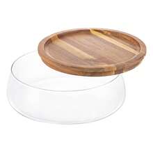 Rainaut Glass Bowl With Wooden Lid - Versatile Snack Serving Tray For Candy & Nuts, Round Food Storage Platter - Clear - View 9