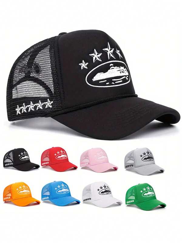 Gorra tipo béisbol con malla y estampado de estrella de 5 puntas, sencilla y práctica, multifuncional