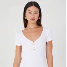 brave soul T-Shirt Bodysuit With Button Detail, White - White - View 1