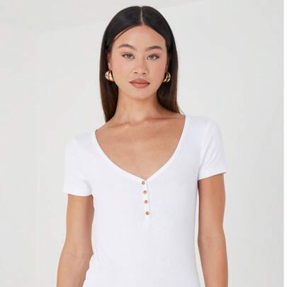brave soul T-Shirt Bodysuit With Button Detail, White