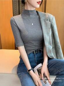 WOMEN'S HIGH NECK KNITTED BLOUSE WITH SIMPLE HALF SLEEVE, RIB FABRIC S M L - 灰色 - 查看 2