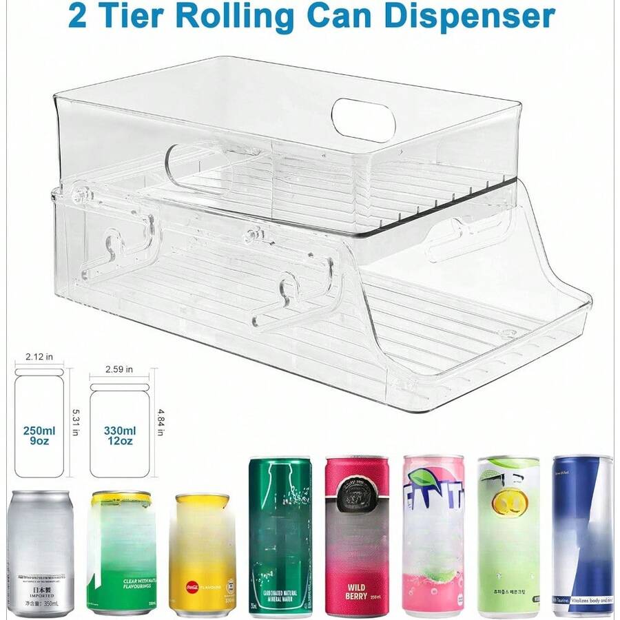 Fridge Organiser, Can Storage Rack For 250ml/330ml, With Auto-Rolling Structure, Foldable Can Holder, Refrigerator Cabinet Shelf, Can Dispenser, Storage Box - Transparent - View 1