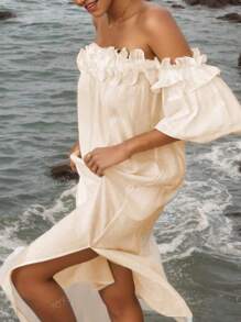 Vestido largo informal y elegante para vacaciones de mujer, de un solo hombro, con aberturas laterales y unicolor