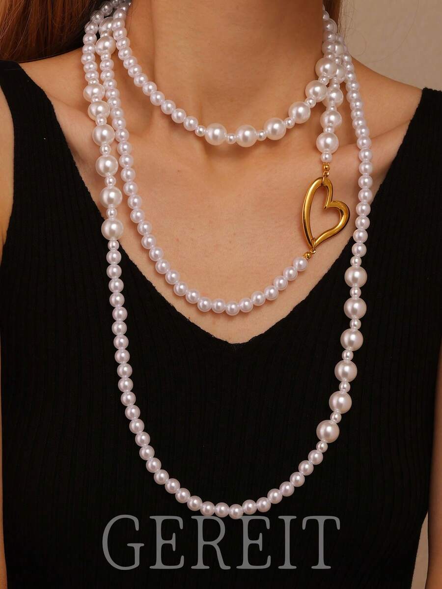 1pc Fashion 18K Plated Stainless Steel Faux Pearl Hollow Heart Long Necklace, Stackable Jewelry Accessories Suitable For Women To Wear On Holidays And Parties - Love - View 1