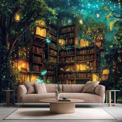 1枚 森の図書館プリントタペストリー、モダンなポリエステル製正方形の壁掛けタペストリー、部屋、リビング、寝室の装飾、ホームデコレーション用