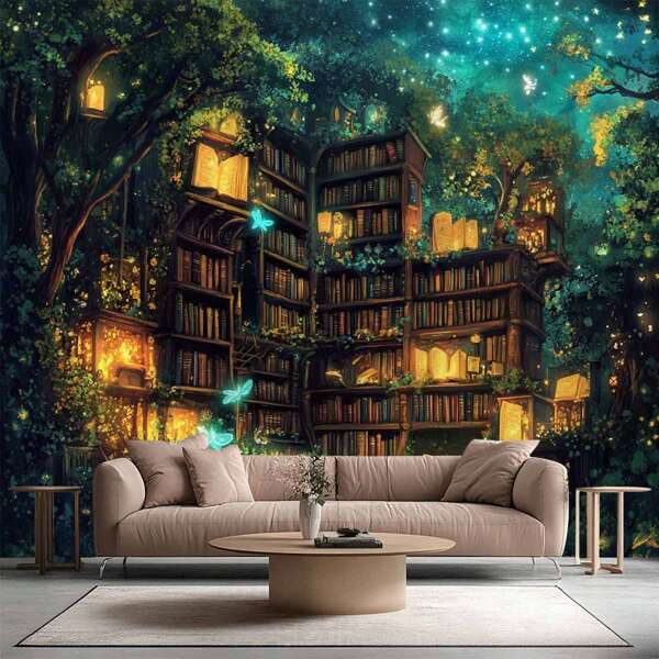 1 pieza Tapiz impreso con diseño de biblioteca forestal, tapiz cuadrado moderno de poliéster para colgar en la pared de la habitación, sala de estar, dormitorio, decoración del hogar