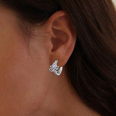 1 PAIRE Boucles d'oreilles créoles en argent sterling 925 avec lotus, boucles d'oreilles en CZ violet. Bijoux de qualité, cadeau original