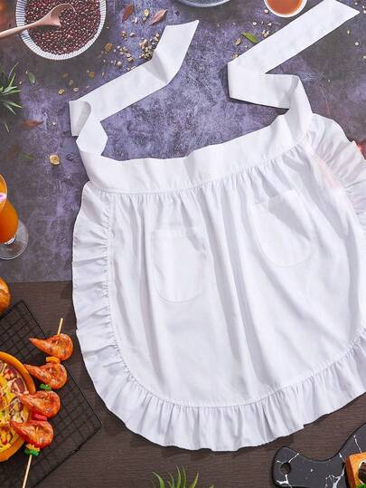 1pc Short Waist Apron, White Color, Cute Vintage Half Apron For Women, Server Uniform Apron - Women's Half Apron With Pockets, Suitable For Kitchen Cooking, Restaurant, Cafe, Maid Ruched Apron