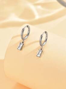 1 Pair Fashionable Cubic Zirconia Embellished Stainless Steel Square Pendant Earrings For Women, Minimalist Everyday Wear