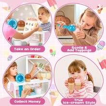 Dreamon Heladería infantil, accesorios de tienda de 38 piezas, juguetes Montessori, juguetes de madera para helados con monedas, regalos de juego de rol para niños y niñas a partir de 3 años.