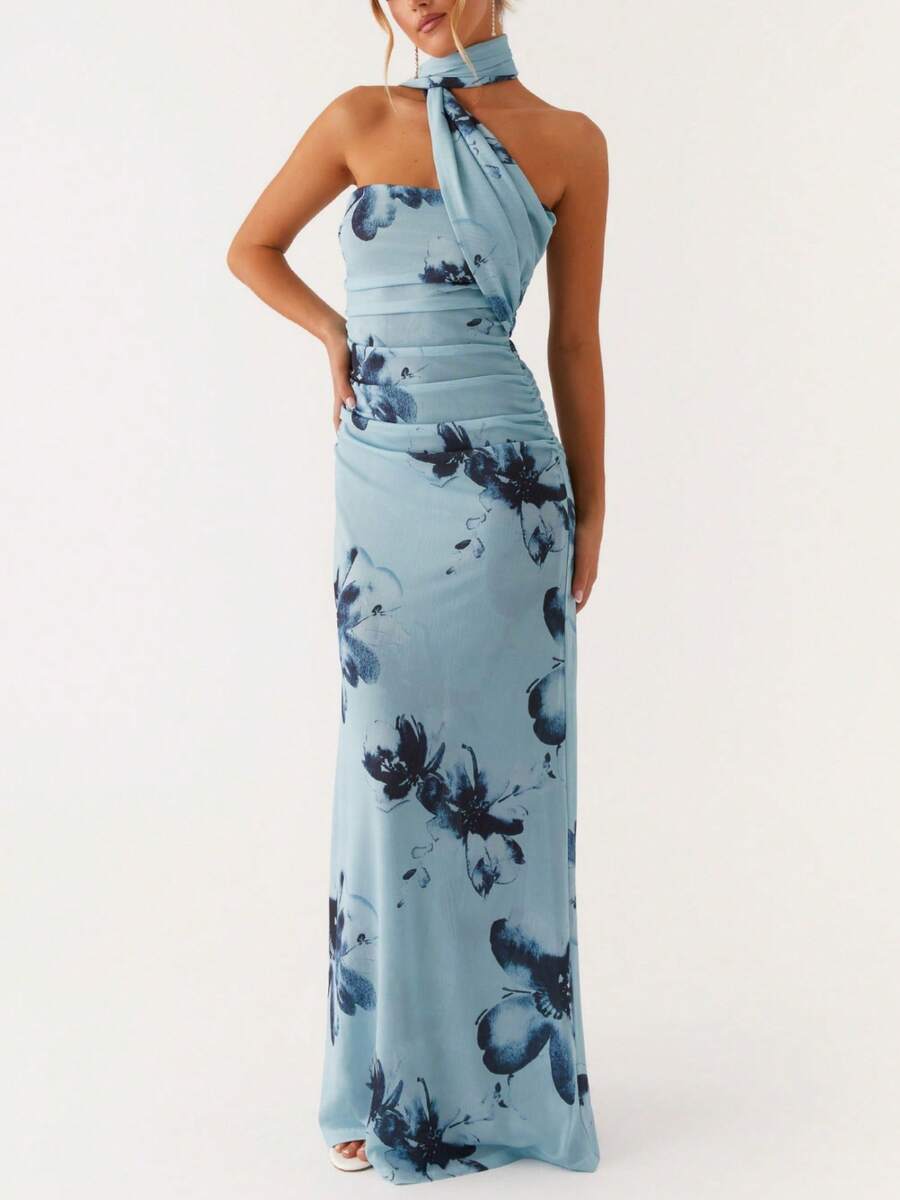 Women Floral Tube Maxi Dress With Scarf Y2k Strapless Backless Long Bodycon Dresses Formal Cocktail Sundress - Blue - View 1