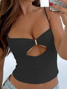 Women Solid Ruched Cutout Slim Fit Sexy Camisole Top, Music Festival Y2K Style Summer Elegant - Dark Grey - View 6